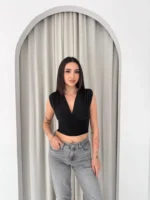 Vatkalı Kolsuz V Yaka Drapeli Crop Bluz Likralı Fit - Siyah - Görsel 4
