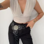 Vatkalı Kolsuz V Yaka Drapeli Crop Bluz Likralı Fit - Boyalı Gri