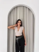 Vatkalı Kolsuz V Yaka Drapeli Crop Bluz Likralı Fit - Boyalı Gri - Görsel 4