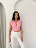 Vatkalı Kolsuz V Yaka Drapeli Crop Bluz Likralı Fit - Pembe - Görsel 2