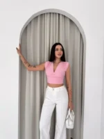 Vatkalı Kolsuz V Yaka Drapeli Crop Bluz Likralı Fit - Pembe - Görsel 3