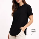 Basic T-Shirt Kısa Kol Bisiklet Yaka Oval Kesim Tişört - Siyah
