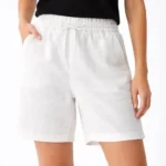 Keten Kumaş Cepli Rahat Kesim Bel Lastikli Şort - Beyaz