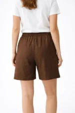 Keten Kumaş Cepli Rahat Kesim Bel Lastikli Şort - Kahverengi - Görsel 2