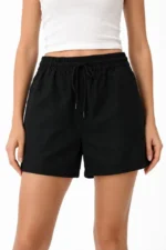 Keten Kumaş Cepli Rahat Kesim Bel Lastikli Şort - Siyah - Görsel 3