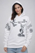 3 İplik Pamuklu Kapüşonlu Baskılı SweatShirt Hoodie - Beyaz - Görsel 3