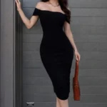 Madonna Yaka Drapeli Midi Elbise Likralı Vücuda Oturan Davet Elbisesi - Siyah