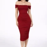 Madonna Yaka Drapeli Midi Elbise Likralı Vücuda Oturan Davet Elbisesi - Bordo