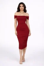 Madonna Yaka Drapeli Midi Elbise Likralı Vücuda Oturan Davet Elbisesi - Bordo