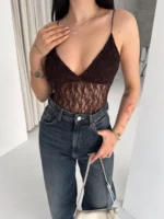 Dantel Detaylı Derin Dekolte Body Şık Kolsuz Yazlık Bodysuit - Kahvrenegi - Görsel 2