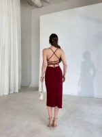 İp Askılı Sırt Dekolteli Bağlama Detaylı Yırtmaçlı Midi Elbise - Bordo - Görsel 2