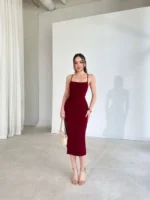 İp Askılı Sırt Dekolteli Bağlama Detaylı Yırtmaçlı Midi Elbise - Bordo - Görsel 3