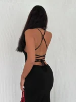 İp Askılı Sırt Dekolteli Bağlama Detaylı Yırtmaçlı Midi Elbise - Siyah - Görsel 2