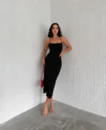 İp Askılı Sırt Dekolteli Bağlama Detaylı Yırtmaçlı Midi Elbise - Siyah - Görsel 3