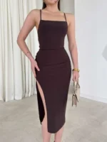 İp Askılı Sırt Dekolteli Bağlama Detaylı Yırtmaçlı Midi Elbise - Kahverengi