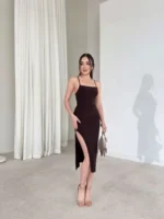 İp Askılı Sırt Dekolteli Bağlama Detaylı Yırtmaçlı Midi Elbise - Kahverengi - Görsel 2