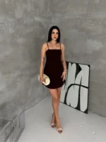 Askılı Şifon Mini Elbise Drapeli Bel Vücuda Oturan Yazlık Şık - Siyah - Görsel 3