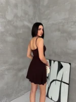 Askılı Şifon Mini Elbise Drapeli Bel Vücuda Oturan Yazlık Şık - Kahverengi - Görsel 2