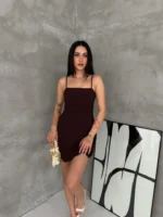 Askılı Şifon Mini Elbise Drapeli Bel Vücuda Oturan Yazlık Şık - Kahverengi - Görsel 3