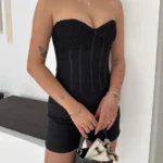 Fermuarlı Dantel Korse Straplez Bustiyer Transparan Şık Top - Siyah