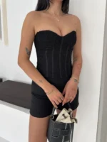 Fermuarlı Dantel Korse Straplez Bustiyer Transparan Şık Top - Siyah