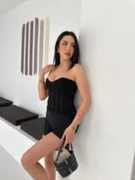 Fermuarlı Dantel Korse Straplez Bustiyer Transparan Şık Top - Siyah - Görsel 2