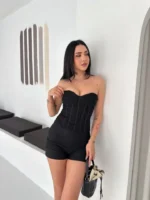 Fermuarlı Dantel Korse Straplez Bustiyer Transparan Şık Top - Siyah - Görsel 3