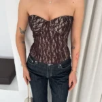 Fermuarlı Dantel Korse Straplez Bustiyer Transparan Şık Top - Kahverengi