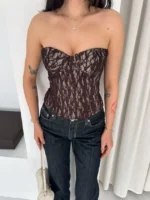 Fermuarlı Dantel Korse Straplez Bustiyer Transparan Şık Top - Kahverengi