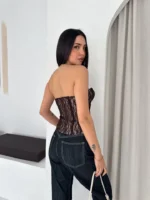 Fermuarlı Dantel Korse Straplez Bustiyer Transparan Şık Top - Kahverengi - Görsel 4