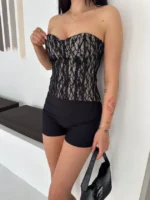 Fermuarlı Dantel Korse Straplez Bustiyer Transparan Şık Top - Bej