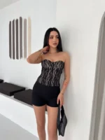 Fermuarlı Dantel Korse Straplez Bustiyer Transparan Şık Top - Bej - Görsel 4