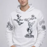 Erkek 3 İplik Pamuklu Kapüşonlu Baskılı SweatShirt Hoodie - Beyaz