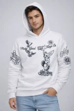 Erkek 3 İplik Pamuklu Kapüşonlu Baskılı SweatShirt Hoodie - Beyaz - Görsel 3