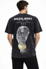 Erkek Asit Yıkamalı Baskılı Tişört Bisiklet Yaka Kısa Kollu Streetwear T-shirt - Siyah