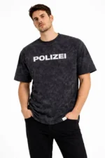 Erkek Asit Yıkamalı Baskılı Tişört Bisiklet Yaka Kısa Kollu Streetwear T-shirt - Siyah - Görsel 2