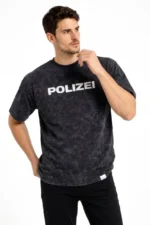 Erkek Asit Yıkamalı Baskılı Tişört Bisiklet Yaka Kısa Kollu Streetwear T-shirt - Siyah - Görsel 3