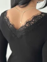 Dantel Detaylı V Yaka Arkası V Yaka Kaşmir Dokulu Uzun Kollu Bluz - Siyah - Görsel 2