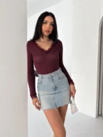 Dantel Detaylı V Yaka Arkası V Yaka Kaşmir Dokulu Uzun Kollu Bluz - Bordo - Görsel 3