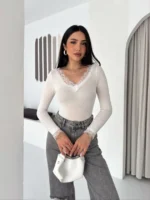 Dantel Detaylı V Yaka Arkası V Yaka Kaşmir Dokulu Uzun Kollu Bluz - Beyaz