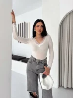 Dantel Detaylı V Yaka Arkası V Yaka Kaşmir Dokulu Uzun Kollu Bluz - Beyaz - Görsel 3