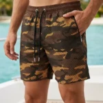 Erkek Deniz Şortu Fermuarlı Cepli File Astarlı Hızlı Kuruyan Premium - Kahverengi