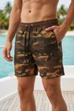 Erkek Deniz Şortu Fermuarlı Cepli File Astarlı Hızlı Kuruyan Premium - Kahverengi