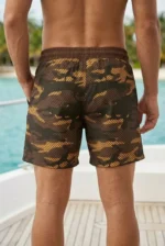 Erkek Deniz Şortu Fermuarlı Cepli File Astarlı Hızlı Kuruyan Premium - Kahverengi - Görsel 2