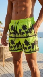 Erkek Deniz Şortu Fermuarlı Cepli File Astarlı Hızlı Kuruyan Premium - Neon Yeşili