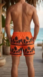 Erkek Deniz Şortu Fermuarlı Cepli File Astarlı Hızlı Kuruyan Premium - Turuncu - Görsel 3