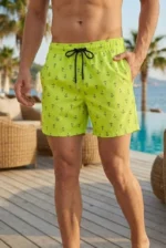 Erkek Deniz Şortu Fermuarlı Cepli File Astarlı Hızlı Kuruyan Premium - Neon Yeşili - Görsel 3