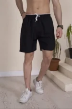 Erkek Deniz Şortu Fermuarlı Cepli File Astarlı - Siyah