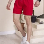 Erkek Deniz Şortu Fermuarlı Cepli File Astarlı - Kırmızı