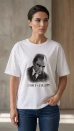 Atatürk Baskılı Tişört Kısa Kollu Bisiklet Yaka T-Shirt - Beyaz - Görsel 2